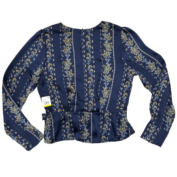 NWT ASTR the Label Kimi Navy Blue Print Long Sleeve Satin Wrap Top Blouse M - Picture 6 of 14